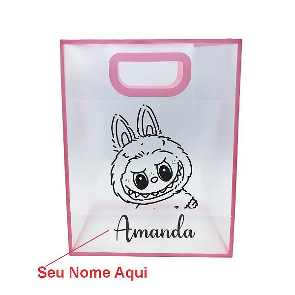 Sacola PVC com Alça Rosa Personalizado Labubu com Nome - 27x21x11cm - 1 unidade - Rizzo