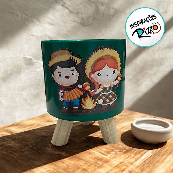 Cachepot Retrô De Festa Junina - Casal Caipira - Verde - 14,5x11,5cm - 1 unidade - Rizzo