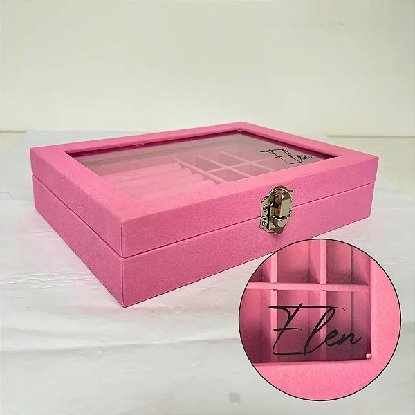 Porta Jóias Com Visor Personalizado com Nome Preto - Rosa - 20x4x15cm - 1 unidade - Rizzo