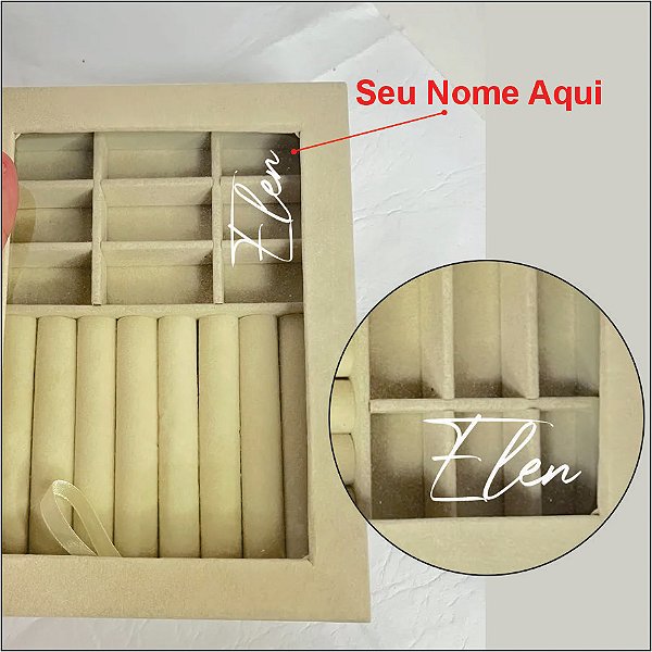 Porta Jóias Com Visor Personalizado com Nome Branco - Bege - 20x4x15cm - 1 unidade - Rizzo