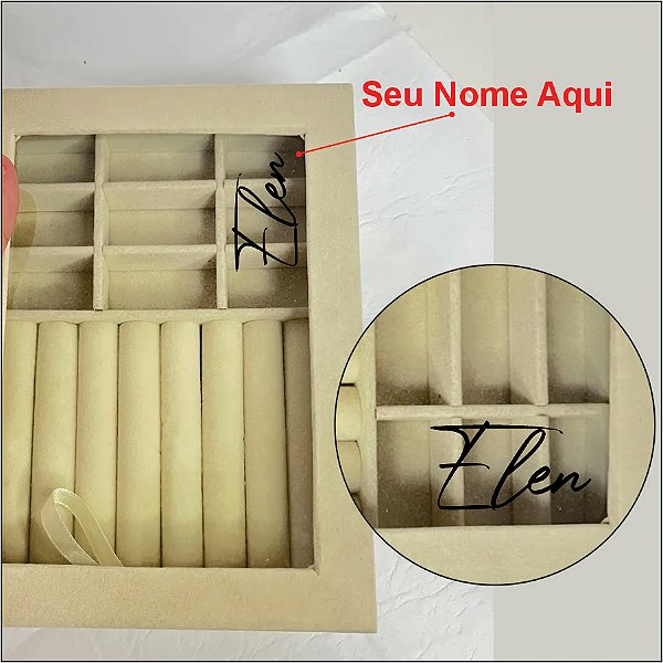 Porta Jóias Com Visor Personalizado com Nome Preto - Bege - 20x4x15cm - 1 unidade - Rizzo