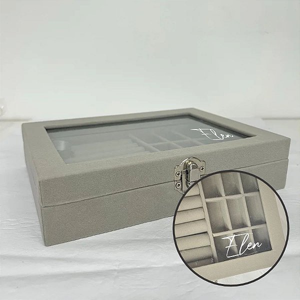 Porta Jóias Com Visor Personalizado com Nome Branco - Cinza - 20x4x15cm - 1 unidade - Rizzo