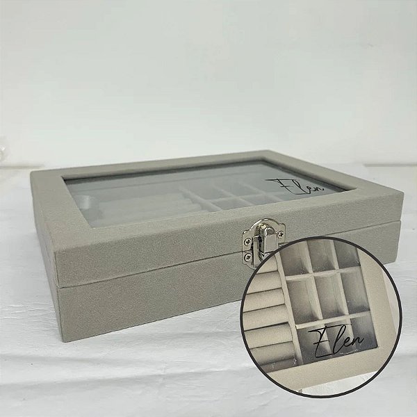 Porta Jóias Com Visor Personalizado com Nome Preto - Cinza - 20x4x15cm - 1 unidade - Rizzo