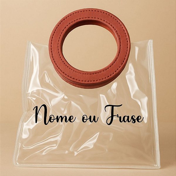 Sacola Transparente PVC Personalizado Escrita Preta com Alça Redonda de Couro Vinho - 15x15x10cm - 1 unidade - Rizzo