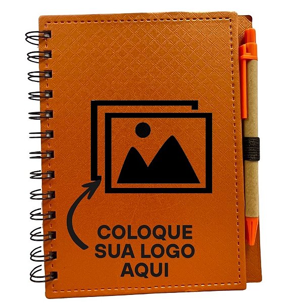Bloco para Anotação Personalize Logo Preta De Couro com Caneta - Laranja - 70 Folhas  - 14,5x18cm - 1 unidade - Rizzo