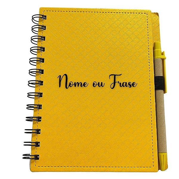 Bloco para Anotação Personalizado Escrita Preta De Couro com Caneta - Amarelo - 70 Folhas - 14,5x18cm - 1 unidade - Rizz