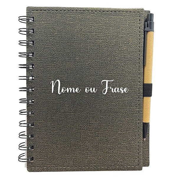 Bloco para Anotação Personalizado Escrita Branca De Couro com Caneta - Preto Com Dourado - 70 Folhas - 14,5x18cm - 1 uni