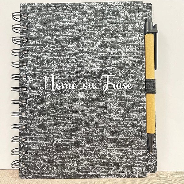 Bloco para Anotação Personalizado  Escrita Branca De Couro com Caneta  - Preto Com Prata - 70 Folhas - 14,5x18cm - 1 uni