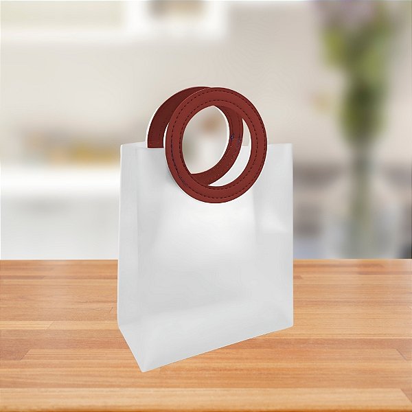 Sacola Transparente Fosca PVC com Alça Redonda de Couro Marsala - 23x20x10cm - 1 unidades - Rizzo