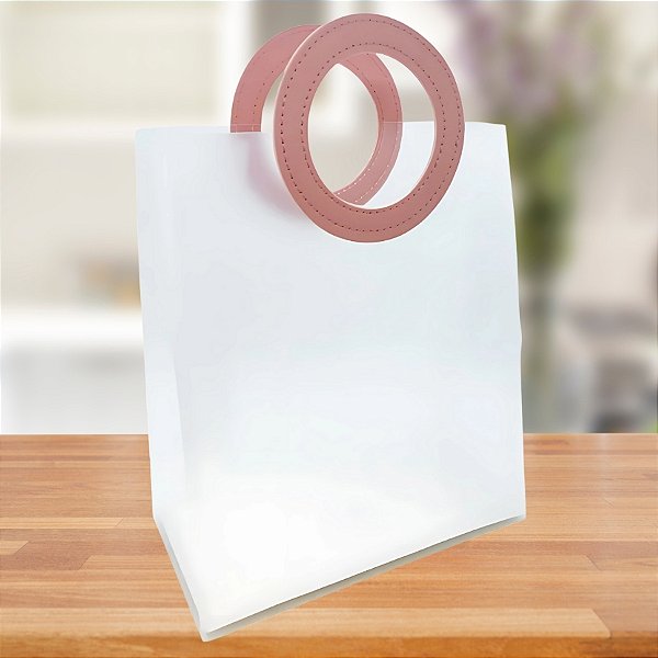 Sacola Transparente Fosca PVC com Alça Redonda de Couro Rosa - 32x26x14,5cm - 1 unidades - Rizzo