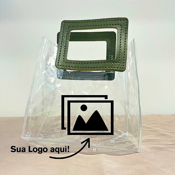 Sacola Transparente PVC Personalize Logo Preta com Alça Quadrada de Couro Verde Musgo - 15x15x10cm - 1 unidade - Rizzo