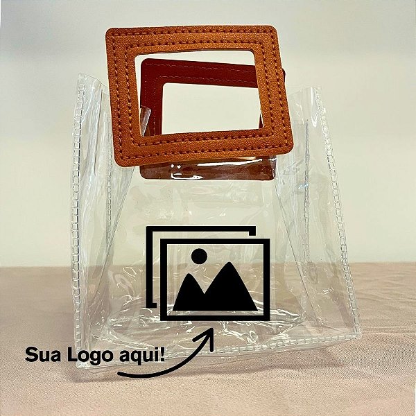 Sacola Transparente PVC Personalize Logo Preta com Alça Quadrada de Couro Marrom - 15x15x10cm - 1 unidade - Rizzo