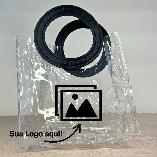 Sacola Transparente PVC Personalize Logo Preta com Alça Redonda de Couro Preto - 15x15x10cm - 1 unidade - Rizzo
