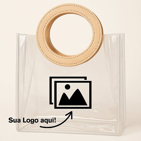 Sacola Transparente PVC Personalize Logo Rosa com Alça Redonda de Couro Rosa Bebê - 15x15x10cm - 1 unidade - Rizzo