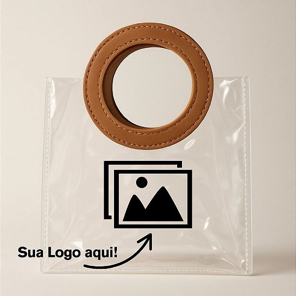 Sacola Transparente PVC Personalize logo Preta com Alça Redonda de Couro Marrom - 15x15x10cm - 1 unidade - Rizzo