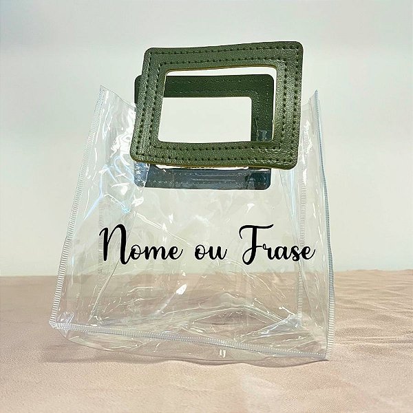 Sacola Transparente PVC Personalizado Escrita Preta com Alça Quadrada de Couro Verde Musgo - 15x15x10cm - 1 unidade - Ri