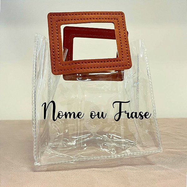 Sacola Transparente PVC Personalizado Escrita Preta com Alça Quadrada de Couro Marrom - 15x15x10cm - 1 unidade - Rizzo