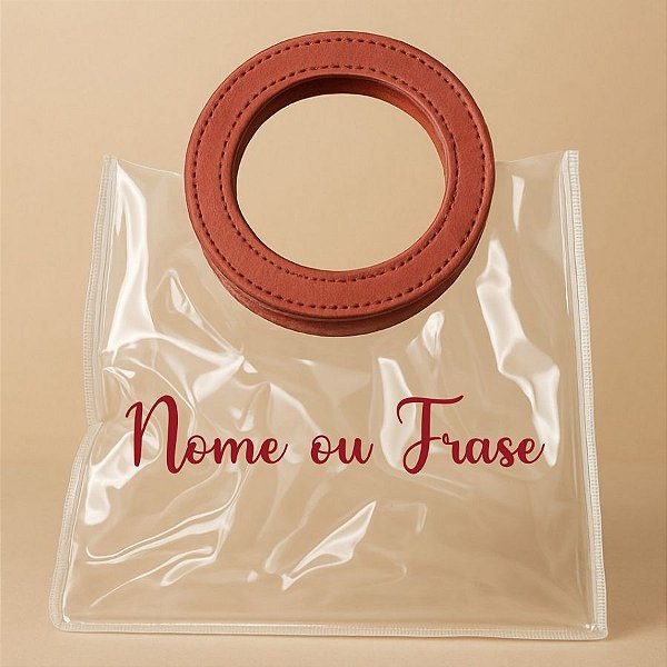 Sacola Transparente PVC Personalizado Escrita Vinho com Alça Redonda de Couro Vinho - 15x15x10cm - 1 unidade - Rizzo