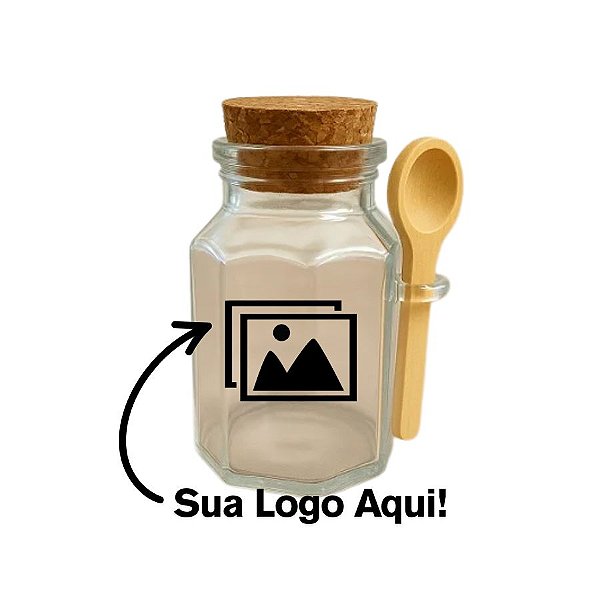 Mini Pote de Vidro Octogonal com Tampa de Rolha e Colherzinha de Madeira Personalizade com Sua Logo em Preto – 5,5x8x6,5