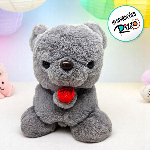 Urso De Pelúcia Com Flor - Cinza - 27cm - 1 unidade - Rizzo