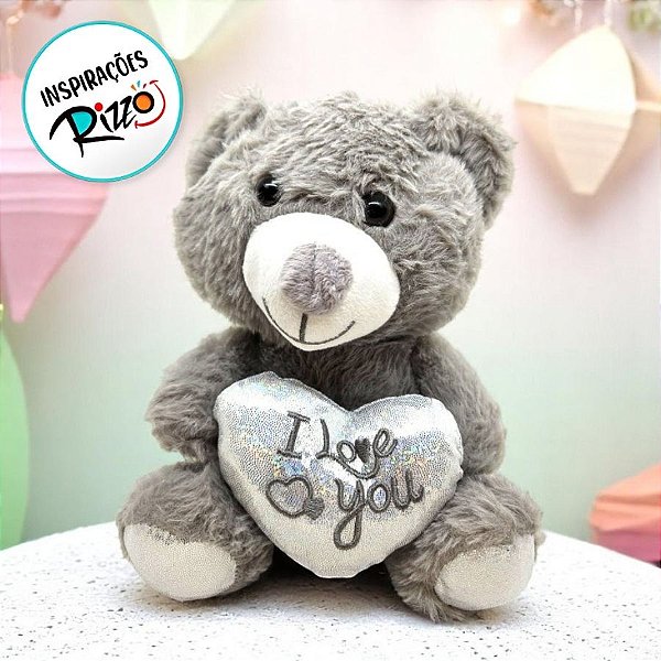 Urso De Pelúcia "I love you" - Cinza - 20cm - 1 unidade - Rizzo
