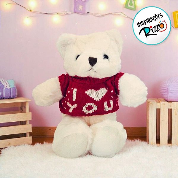 Urso De Pelúcia Com Suéter Vermelho "I love you" - Branco - 29cm - 1 unidade - Rizzo