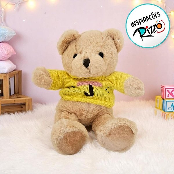 Urso De Pelúcia Com Suéter Amarelo - Bege - 29cm - 1 unidade - Rizzo