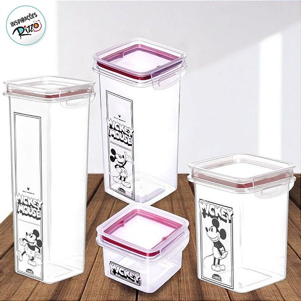 Conjunto 4 Potes de Plástico Hermético Retângular - Mickey Mouse Vermelho - 1 unidade - Disney Original - Rizzo