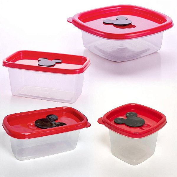 Conjunto 4 Potes de Plástico com Válvula - Mickey Mouse Vermelho - 1 unidade - Disney Original - Rizzo