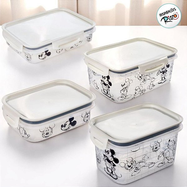 Kit 4 Potes de Plástico Hermético Retângular - Mickey Mouse - 1 unidade - Disney Original - Rizzo