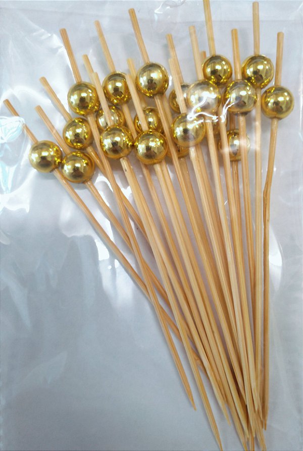 Palito Petiscos Bolinha Dourada Bambu 12cm - 20 unidades - Silver Festas - Rizzo Festas
