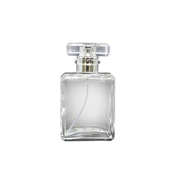 Frasco para Perfumaria de Vidro Retangular para Perfume - Spray Prateado com Tampa Transparente - 50ml - 1 unidade - Riz