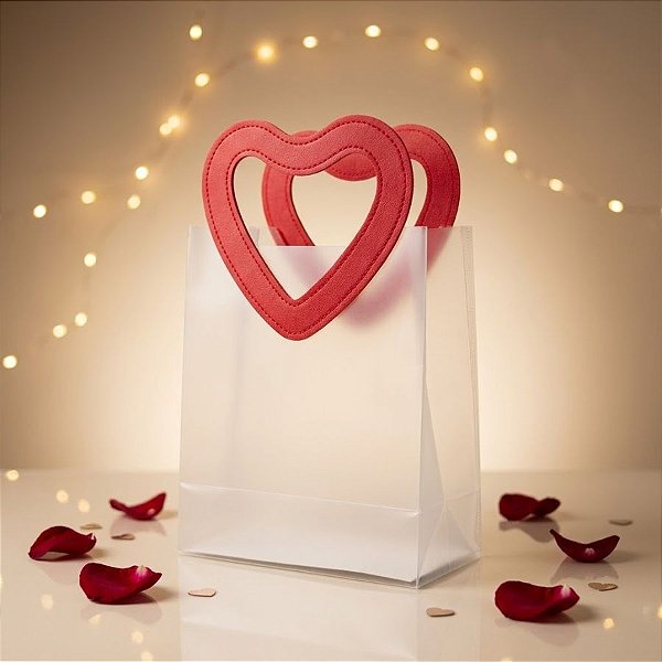 Sacola Transparente PVC com Alça Coração Vermelho - 16x15x8cm - 1 unidades - Rizzo