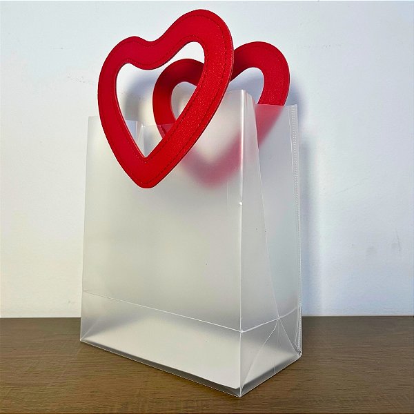 Sacola Transparente PVC com Alça Coração Vermelho - 16x15x8cm - 10 unidades - Rizzo
