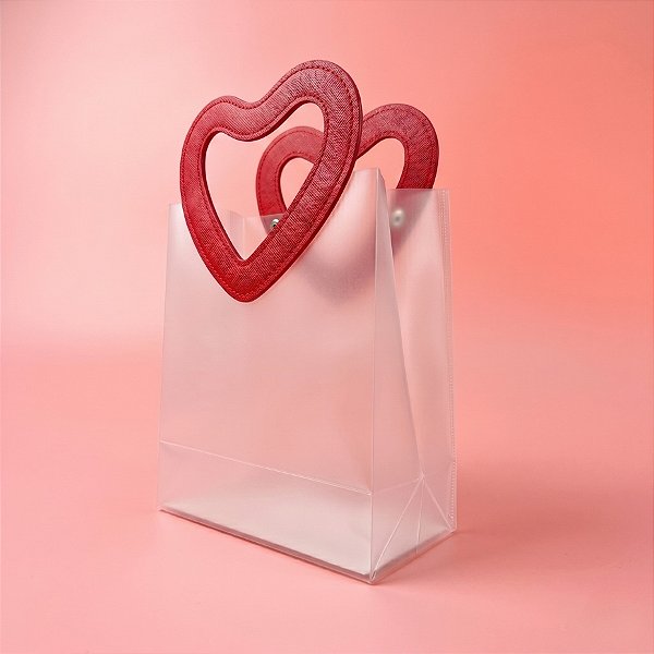 Sacola Transparente Fosca PVC com Alça Coração Vermelho - 16x15x8cm - 10 unidades - Rizzo