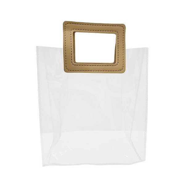 Sacola Transparente PVC com Alça Retangular de Couro Bege - 19,4x17x9cm - 10 unidades - Rizzo