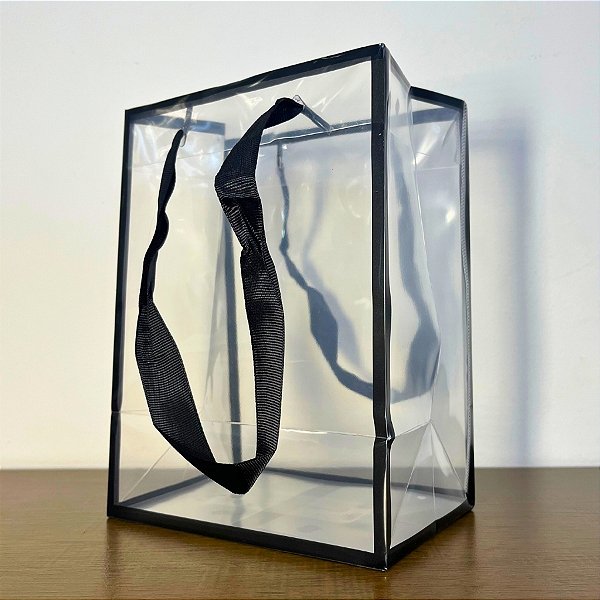 Sacola Transparente PVC Com Borda e Alça de Cordão Preta - 15x10x20cm - 1 unidades - Rizzo