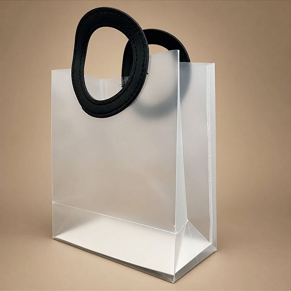 Sacola Transparente Fosca PVC com Alça Redonda de Couro Preto - 18,5x16x8cm - 10 unidades - Rizzo