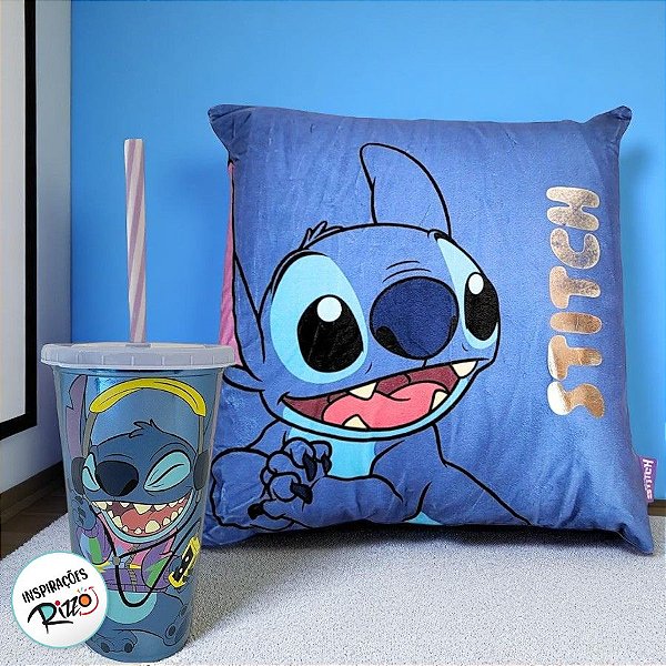 Kit Fãs Stitch - Almofada e Copo com Canudo - 1 unidade - Disney Original - Rizzo