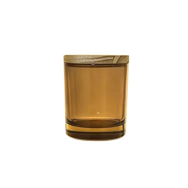 Pote De Vidro Âmbar Redondo Para Vela Com Tampa De Madeira - 300ml - 1 unidade - Rizzo