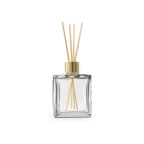 Frasco De Vidro Cubo Difusor Com Tampa Difusora e Varetas - Dourada - 7x10cm - 250ml - 1 unidade - Rizzo