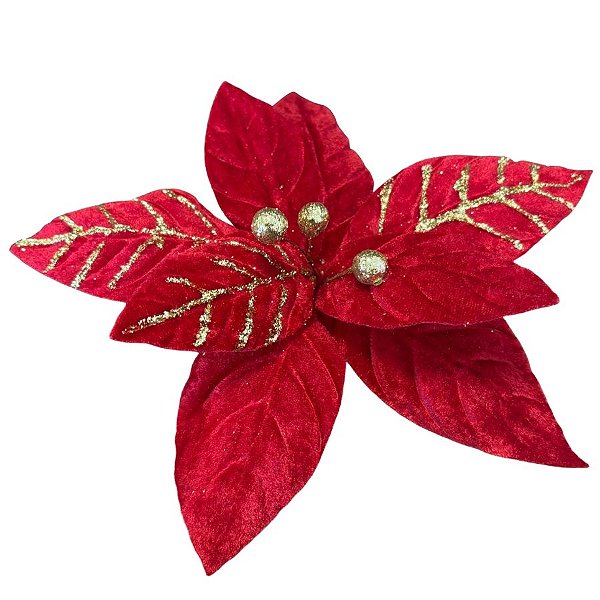 Poinsetia Decorativa de Natal - Vermelho e Dourado - 27cm - 1 unidade - Rizzo