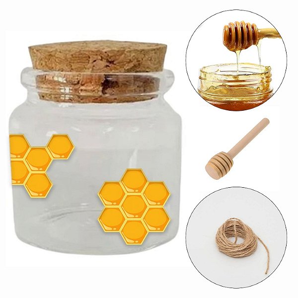 Kit Potinho de Vidro de Favo com Dosador de Mel - Fio de Juta e Tampa de Rolha 50ml - 4,5cm - 24 unidades - Rizzo