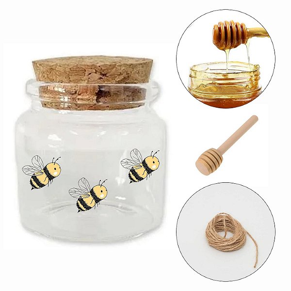 Kit Potinho de Vidro de Abelha 2 com Dosador de Mel - Fio de Juta e Tampa de Rolha 50ml - 4,5cm - 24 unidades - Rizzo