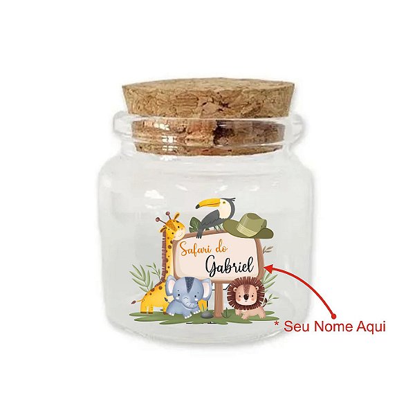 Kit Potinho de Vidro Personalizado de Safari com Tampa de Rolha 50ml - 4,5cm - 24 unidades - Rizzo