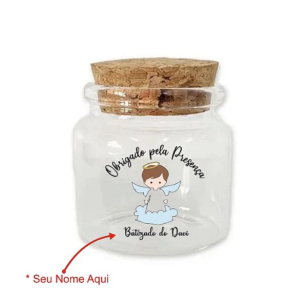 Kit Potinho de Vidro Personalizado de Batizado com Tampa de Rolha 50ml - 4,5cm - 24 unidades - Rizzo