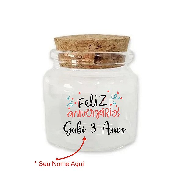 Kit Potinho de Vidro Personalizado de Aniversário com Tampa de Rolha 50ml - 4,5cm - 24 unidades - Rizzo
