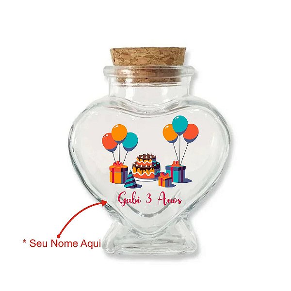 Kit Potinho de Vidro Personalizado Coração de Aniversário com Rolha 70ml - 6cm x 7cm - 24 unidades - Rizzo