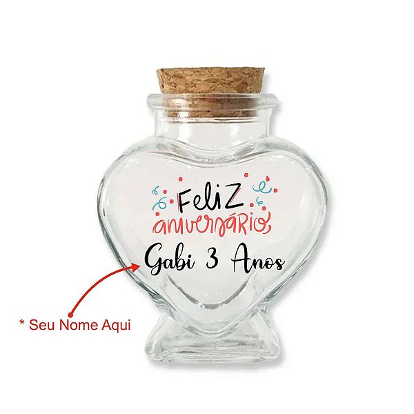 Kit Potinho de Vidro Personalizado Coração de Aniversário com Rolha 70ml - 6cm x 7cm - 24 unidades - Rizzo