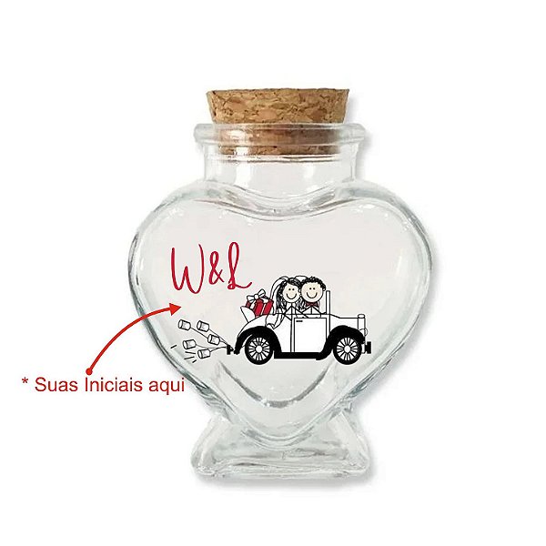 Kit Potinho de Vidro Personalizado Coração de Casamento com Rolha 70ml - 6cm x 7cm - 24 unidades - Rizzo
